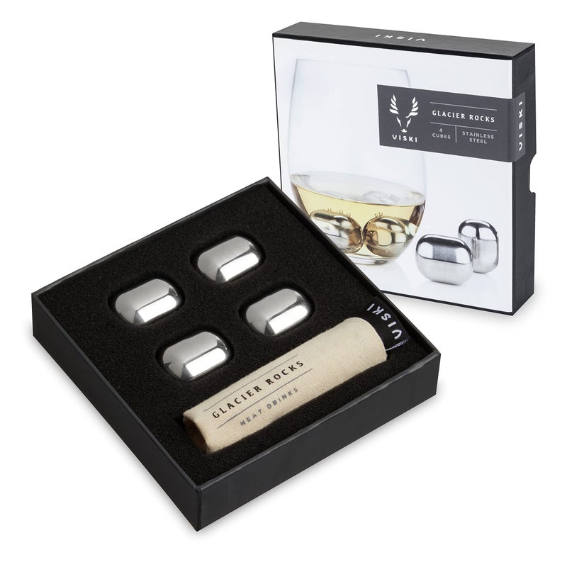 Viski 4358 Glacier Rocks Stainless Steel Ice Cubes Reusable Ice Cubes for Drinks, Whiskey, Bourbon, Scotch, Metal Ice Cubes, Cocktail Accessories Set of 4 Silver - Image 1